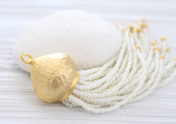 Ivory beaded tassel with large rustic gold cap, long beaded tassel, handmade, ivory pearl seed bead tassel, unique tassel pendant, tassel