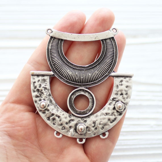Large rustic statement pendant, silver crescent, metal collar, crescent multi strand connector, tribal crescent moon, hammered anchor