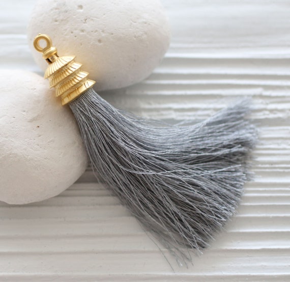 Silk gray tassel, purse tassel, jewelry tassel charm, gold cap tassel, grey, mala tassel, necklace tassel, silk tassel, tassel pendant, N37