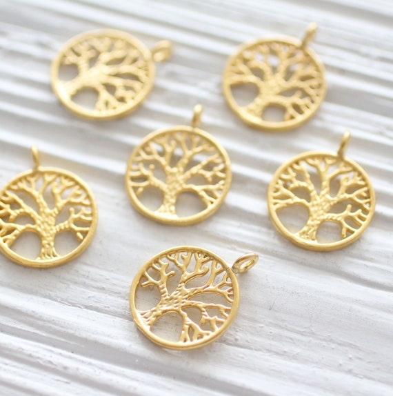 2pc tree of life pendant, tree of life charm gold, filigree tree pendant charm, filigree round dangles, filigree earrings charms gold