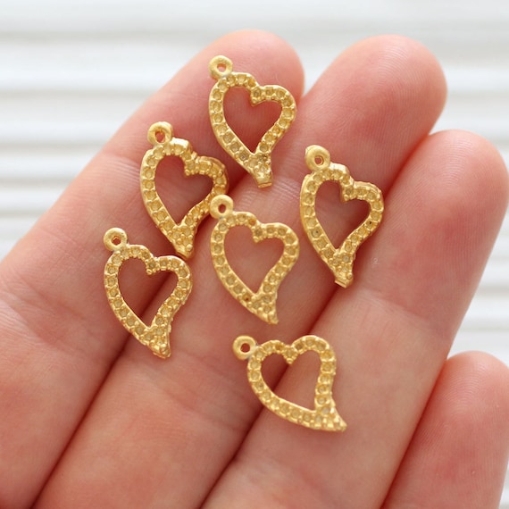 10pc heart charm gold, heart charms for bracelet, heart pendant, heart dangle, earrings charms dangle, heart beads, large charm pendant