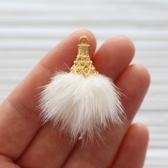 Ivory faux fur pom pom tassel, pom pom keychain tassel, pom pom, off white ivory pom pom earrings tassel, jewelry pom pom with gold cap, N2