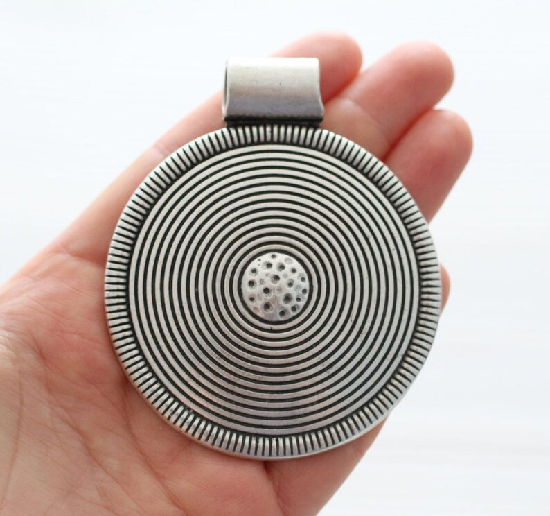 Large tribal pendant, silver medallion, spiral pendant, large hole pendant, round pendant silver, large pendant, large metal focal pendant image 1