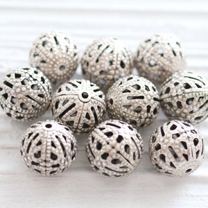 10pc round filigree silver metal beads, 10mm hammered round beads, large silver beads, textured beads, necklace beads, round silver beads, L image 2