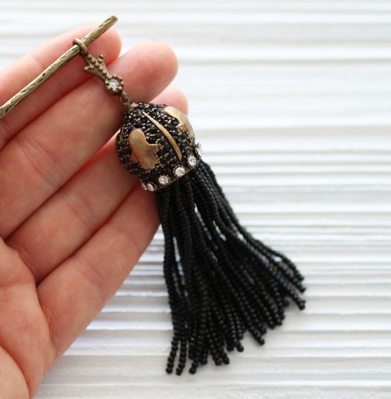 Black bead tassel pendant, black beaded tassel with black and clear rhinestone antique cap, ornate tassel, antique tassel, statement tassel