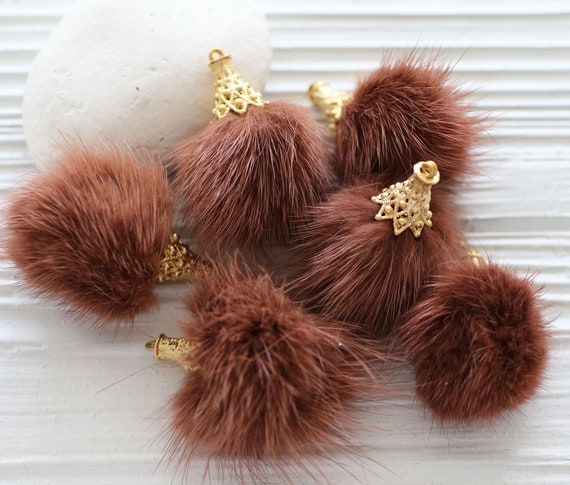 Terracotta pom pom tassel, copper brown pom pom keychain tassel, faux fur pom pom earrings tassel, tassel with gold cap, purse tassel, N56