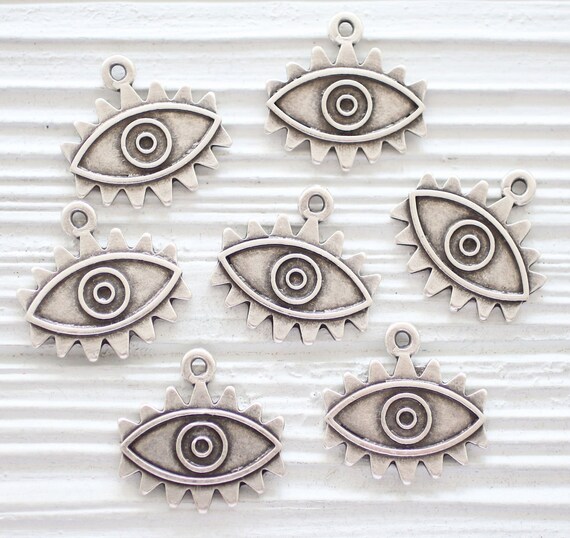 3pc evil eye charms silver, evil eye pendant, large earring charms, dangles, necklace charms, silver evil eye metal beads, rustic charms