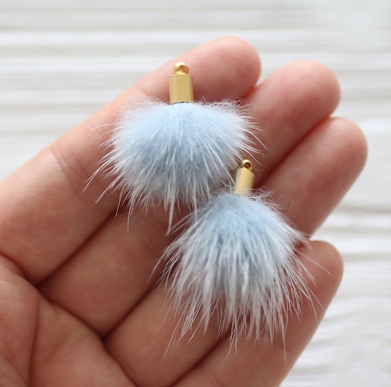 2pc blue faux fur pom poms tassels for earrings, light baby blue pom pom tassel, pom pom keychain tassel, purse necklace tassel charm, N13