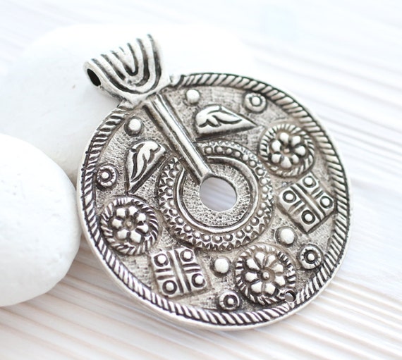 Large tribal pendant, boho pendant, silver pendant, silver medallion, large pendant, medallion, round pendant, artisan, flower, rustic