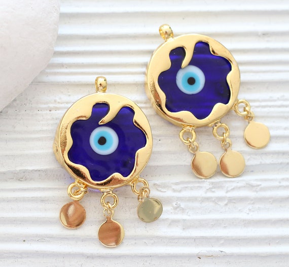 Navy blue evil eye pendant, filigree evil eye pendant dangle, ornate, evil eye findings, gold bezel evil eye jewelry, earrings charms dangle