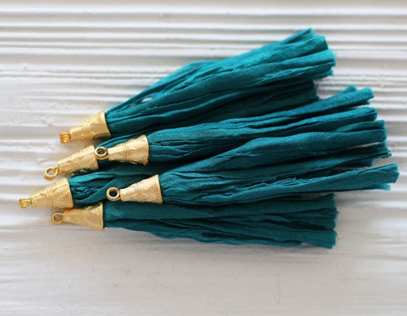 Teal sari silk tassel, bluish, large tassels, teal blue silk tassels, earrings tassel, tassel dangle, zipper tassel charm, purse charm, N1