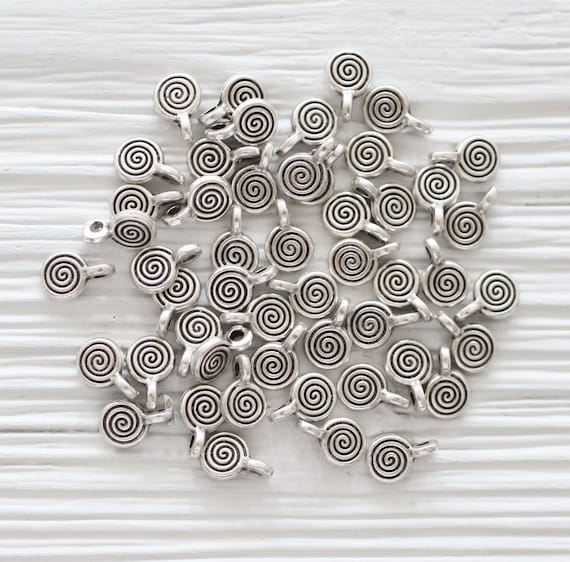 15pc spiral dangle charm, earrings dangles, disc beads silver, metal beads silver, tribal beads, metal charms, silver beads, round charms
