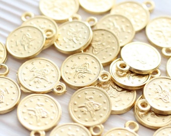 10pc gold coins, gold earring charms, metal coin dangles, round coin beads, metal charms, flat coin, bracelet charms, necklace charms, L