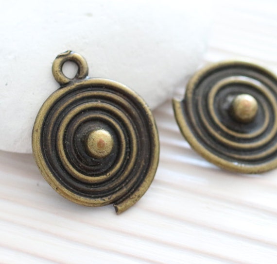 2pc spiral round pendant, whirligig, antique gold round pendant, rustic pendant, earring components, spiral findings, unique dangles