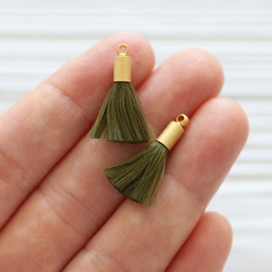 2pc mini olive green tassels, earrings tassels, mini tassels, mini tassel pendant, gold cap tassel, green tassel, DIY necklace tassel, N20 image 2