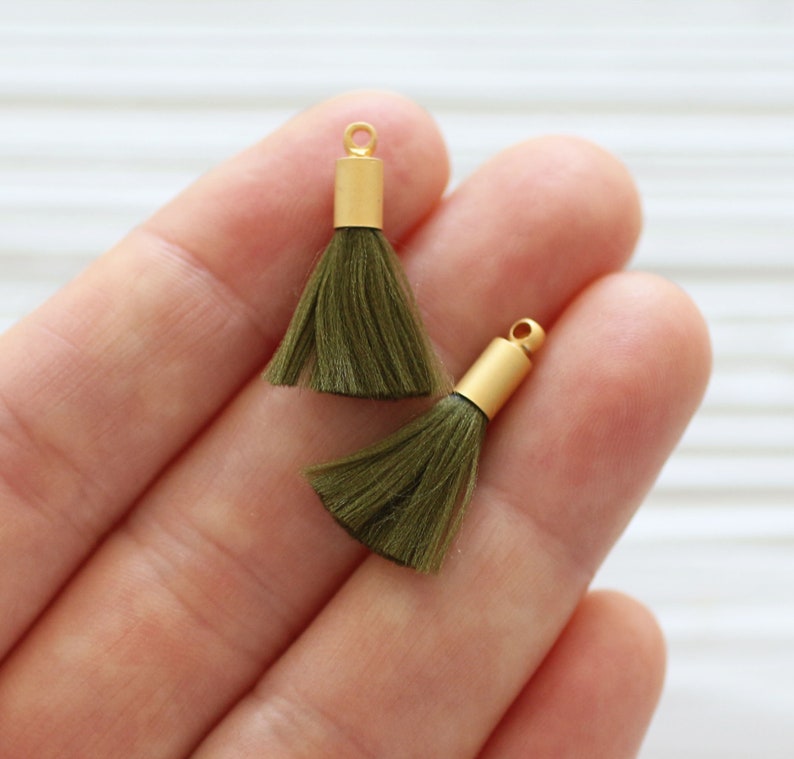 2pc mini olive green tassels, earrings tassels, mini tassels, mini tassel pendant, gold cap tassel, green tassel, DIY necklace tassel, N20 image 2