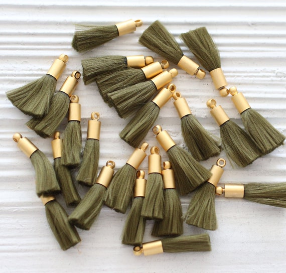 4pc mini olive green tassels, earrings tassels, mini tassels, mini tassel pendant, gold cap tassel, green tassel, DIY necklace tassel, N20