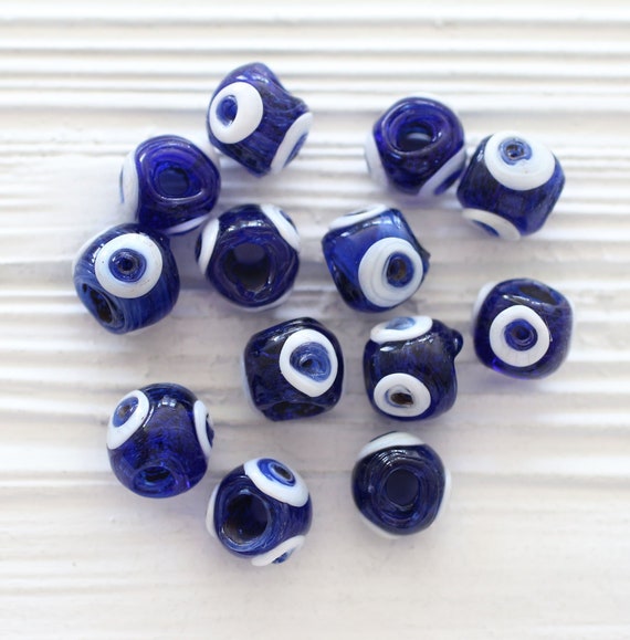 10pc blue evil eye beads, glass beads, lamp work beads, navy blue, large round evil eye, necklace bracelet organic shaped evil eye beads