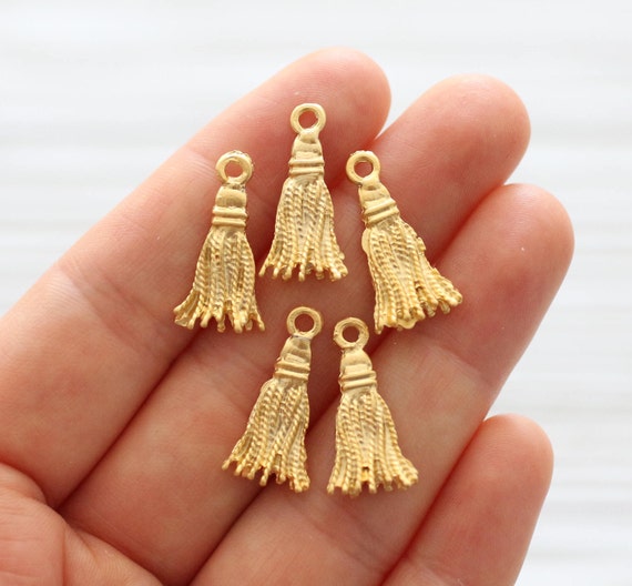 5pc gold tassel charm, bracelet charms, earring charms, gold tassel, gold dangles, metal charms, gold charms, metal tassel pendant