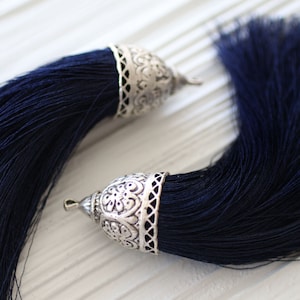 Extra large navy silk tassel with rustic silver tassel cap, silk tassel, navy tassel, decorative, large mala tassel, tribal tassel, N17