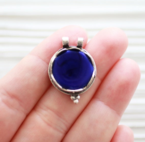 Silver bezel round pendant with blue glass focal piece, double loop unique silver pendant finding