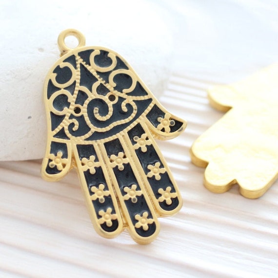 Gold Hamsa pendant, navy blue enamel pendant, Hamsa hand, filigree Hamsa pendant, enamel pendant, enamel jewelry, Hand of Fatima