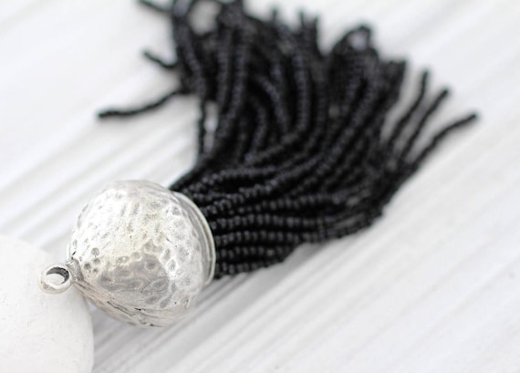 Black beaded tassel with large rustic silver cap, long bead tassel, handmade, black seed bead tassel, unique tassel pendant, necklace tassel