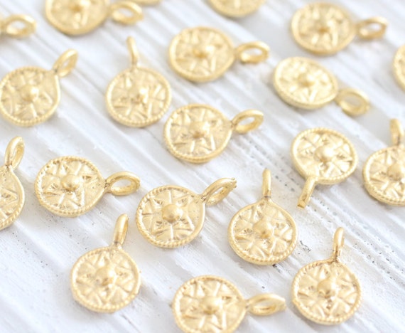 10pc matte gold mini tribal beads, earring charms, disc beads, coin beads, gold beads, metal round charms, bracelet charms, tribal charms