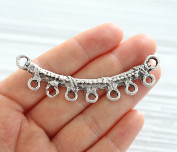 Crescent bar connector, multi strand, large silver connector, metal collar, hammered, crescent pendant bar, tribal connector, silver collar