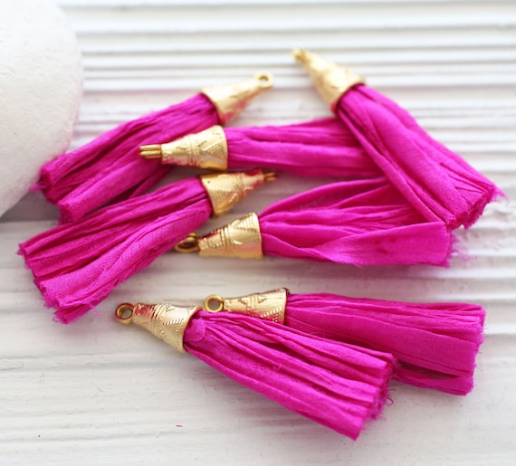 Fuschia sari silk tassel, magenta, cherry, pink short silk tassel, tassel with gold cap, purse tassel, earrings tassel, necklace tassel, N62