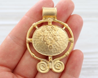 Large hole pendant, large gold tribal medallion pendant, rustic gold pendant, spiral pendant, gold unique filigree pendant, matte gold