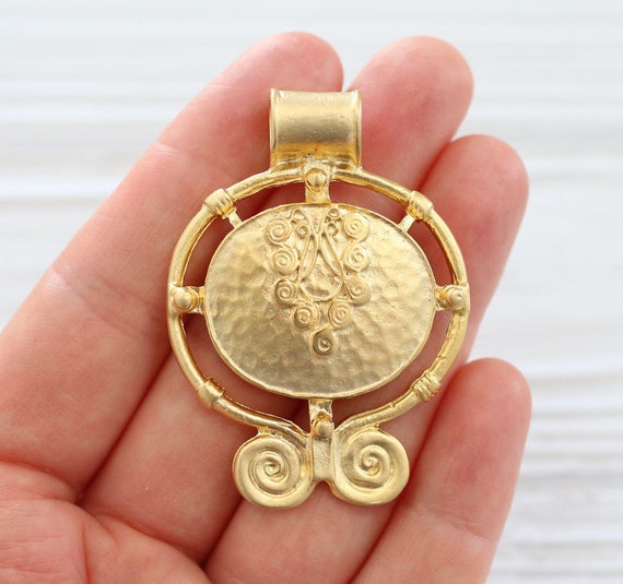 Large hole pendant, large gold tribal medallion pendant, rustic gold pendant, spiral pendant, gold unique filigree pendant, matte gold