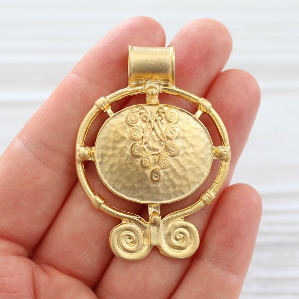 Large hole pendant, large gold tribal medallion pendant, rustic gold pendant, spiral pendant, gold unique filigree pendant, matte gold