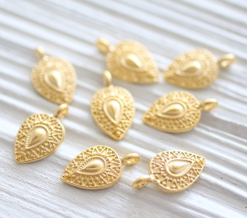 10pc large gold tribal charms, mini teardrop pendant, gold dagger, large gold charms, earrings dangle, rustic, boho large hole drop charm image 3