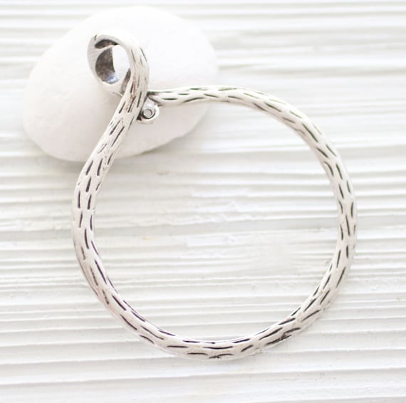 Twisted round pendant silver, large hole, hammered circle pendant, loop pendant, statement focal loop pendant with inner hole