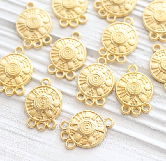 10pc round connector, gold tribal connector, rustic spiral charms, bracelet, multi strand jewelry connectors, earrings chandelier charms