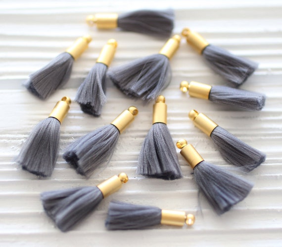4pc mini gray tassel, earrings tassels, mini tassels, mini tassel pendant, gold cap tassel, grey tassel, short necklace tassel, smoke, N37