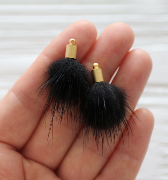 2pc black faux fur pom poms tassels for earrings, black pom pom tassel, pom pom keychain tassel,purse charm,jewelry necklace tassel charm,N8