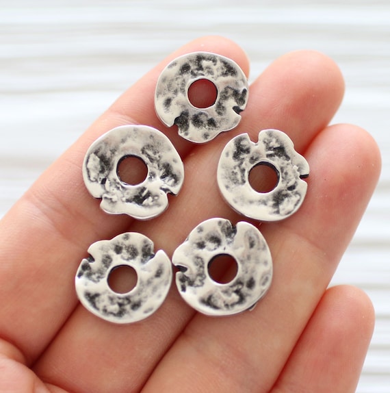 10pc spacer beads rondelle, heishi beads silver, metal rondelle beads, large silver heishi, disc beads, large hole beads, flat tube beads