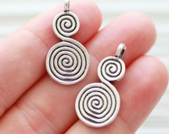 4pc spiral charm pendant, earrings dangle, tribal, earring charms, silver round charms, large pendant charms, dangle pendant, large hole