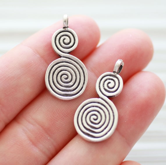 4pc spiral charm pendant, earrings dangle, tribal, earring charms, silver round charms, large pendant charms, dangle pendant, large hole