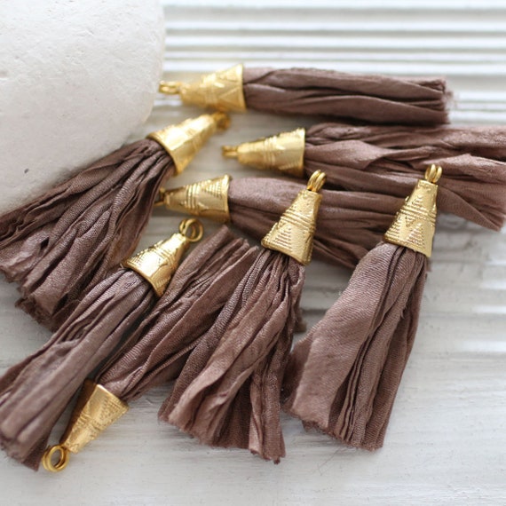 Brown tassel, brown sari silk tassel, coffee brown sari silk, short gold cap sari silk tassel, jewelry tassels, earrings tassel, N38