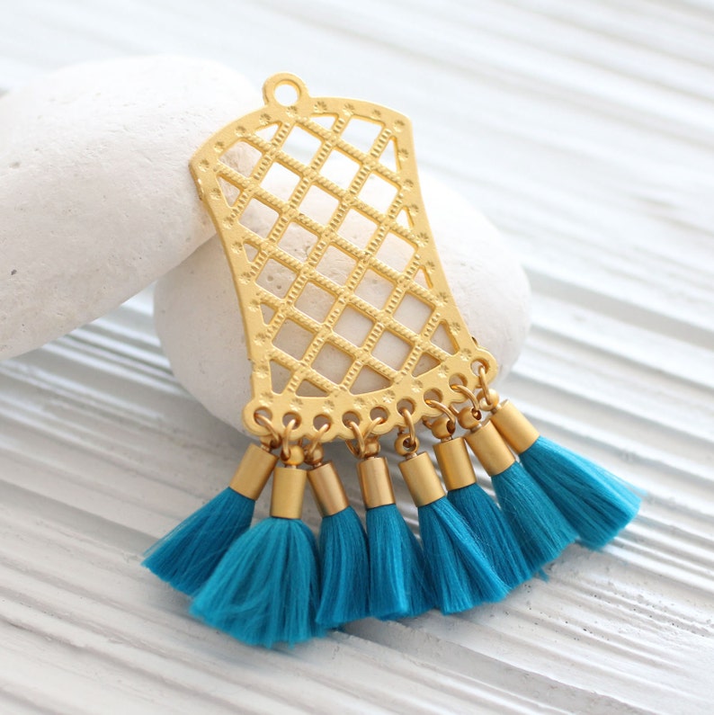 Filigree pendant with teal blue tassels earring pendant Etsy