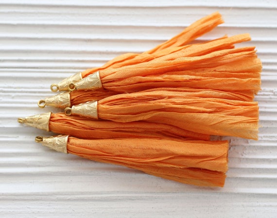 Orange sari silk tassel, orange tassel, mala tassel, purse tassel, orange sari silk, large gold cap tassel, jewelry necklace tassel, N26