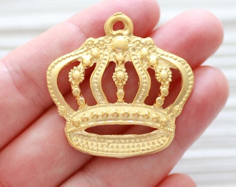Gold crown pendant with engraved details, large king or queen crown, necklace pendant, focal statement pendant