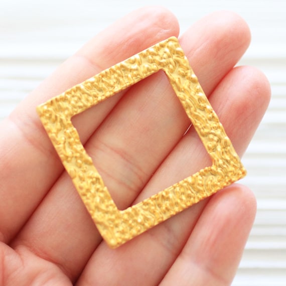 Matte Gold Square Pendant, Cut Out Geometric Findings, Rustic Dangles, Hammered Metal, Textured