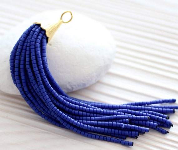 Dark blue long beaded tassel, tassel pendant, tassel earrings, bead tassel, necklace tassel, cobalt blue, tassel, gold cap tassel, large,N15