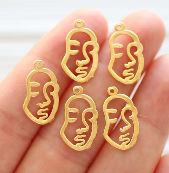 5pc face charms gold, earring charms, theatrical charms, metal abstract charms, necklace charms, bracelet charms, dainty face pendant