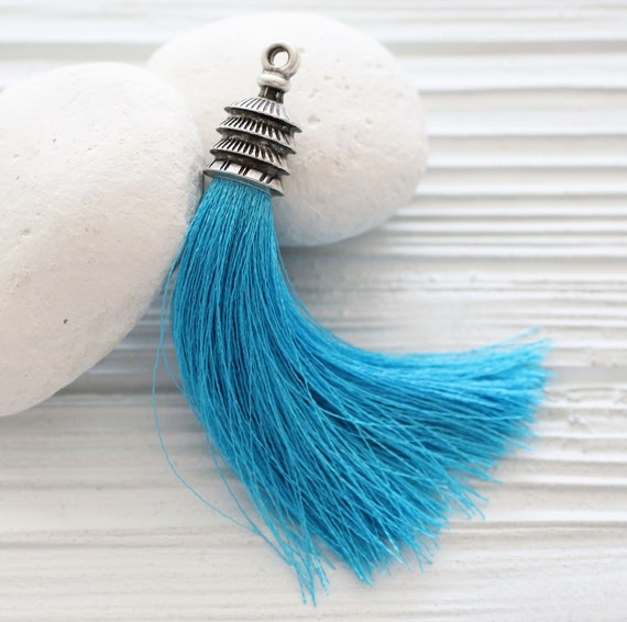 Turquoise silk tassel, tassel pendant, silver cap silk tassel, long tassel, jewelry tassels, decorative, necklace tassel, aqua blue, N28