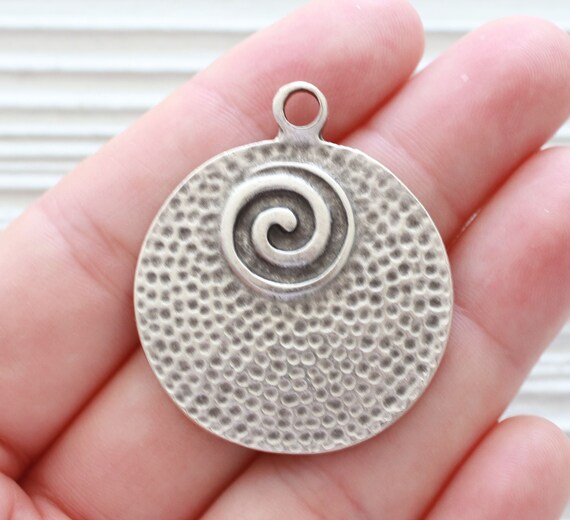 Hammered silver pendant, large round pendant, metal necklace pendant, large spiral pendant, silver tribal pendant, rustic, boho pendant
